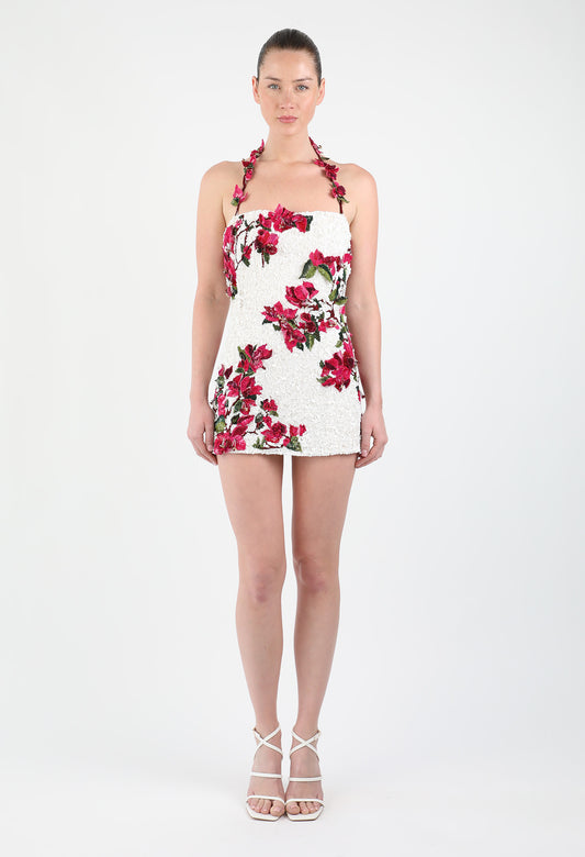 Embroidered Bougainvillea Mini Corseted Dress