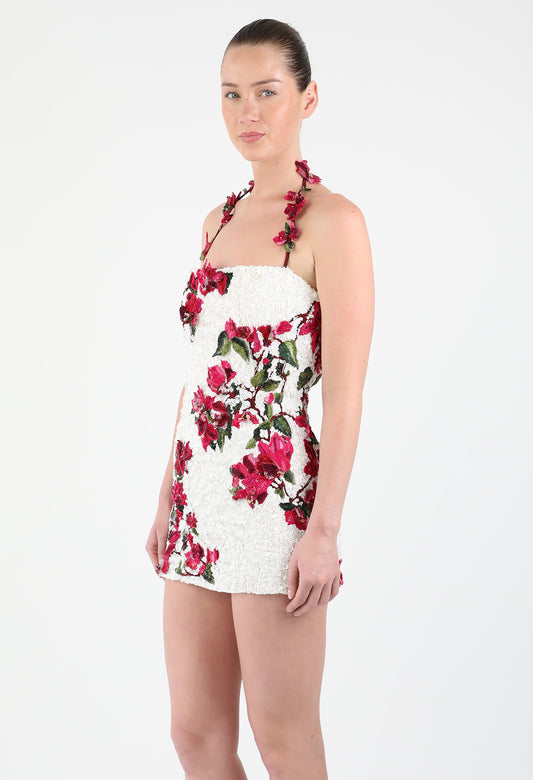 Embroidered Bougainvillea Mini Corseted Dress